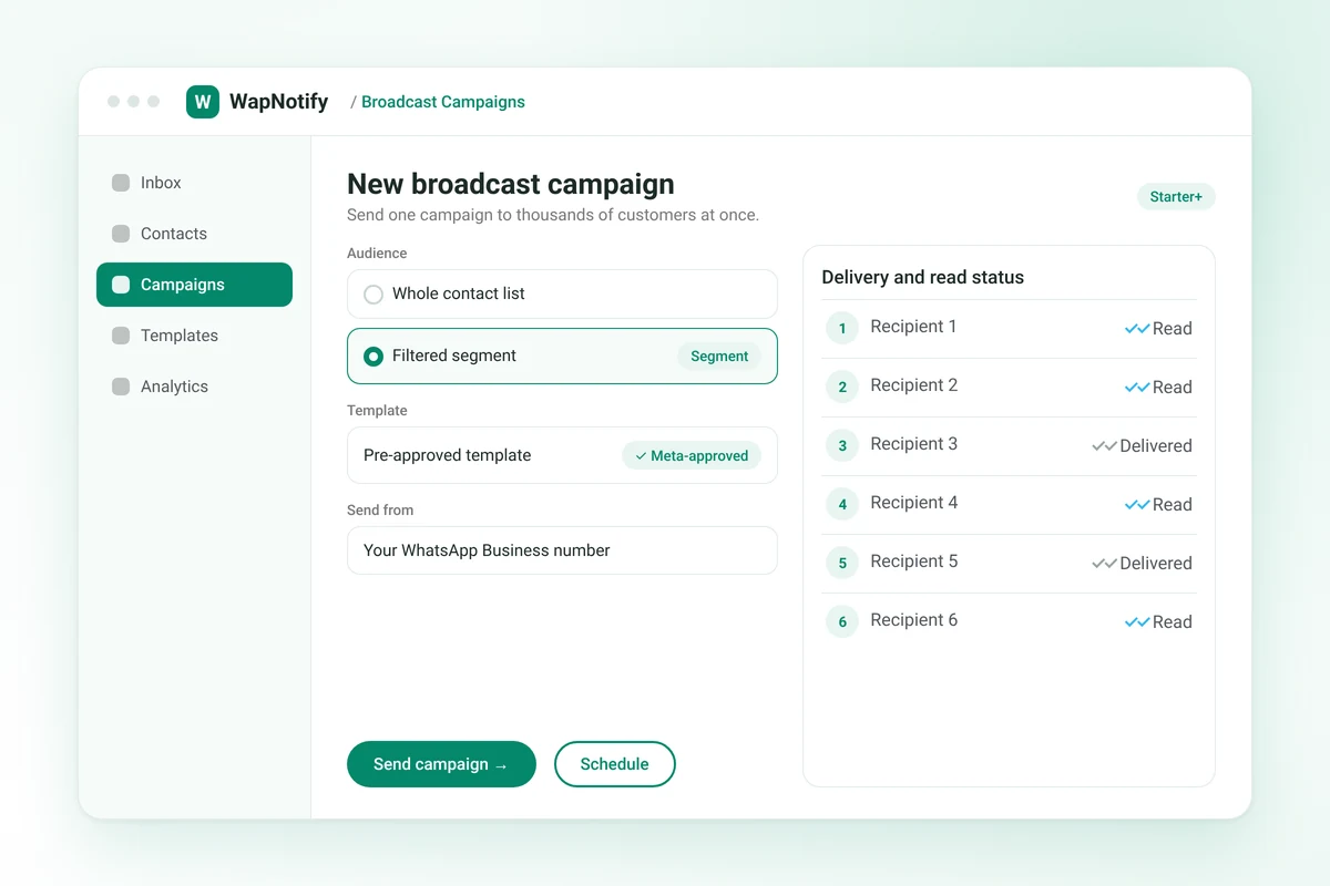 Creating a WhatsApp broadcast campaign to a filtered segment with a Meta-approved template in WapNotify