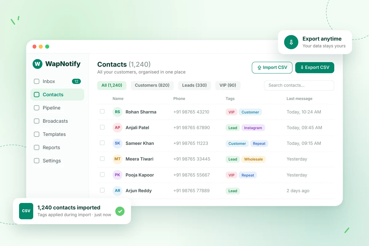 WhatsApp contact management with CSV import and export