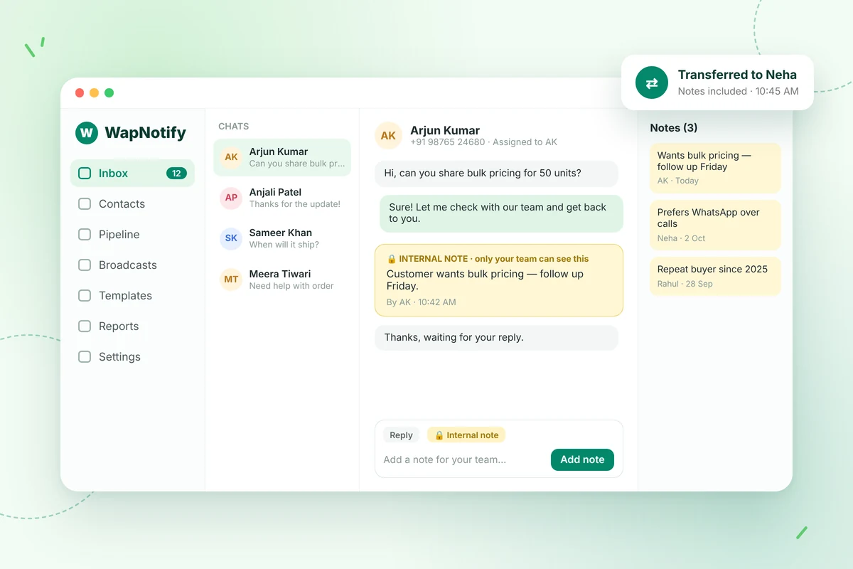 Private internal notes on a WhatsApp conversation for team hand-offs