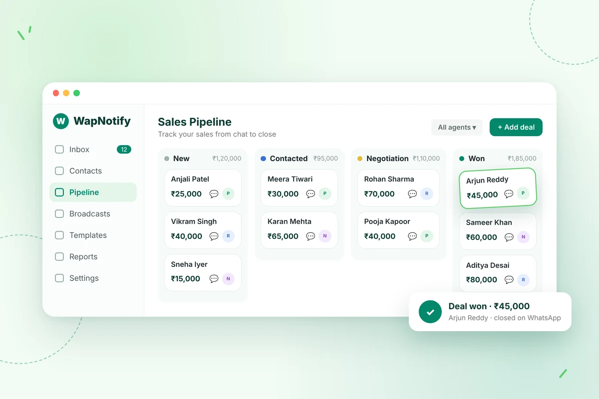 WhatsApp sales pipeline tracking deals from chat to close