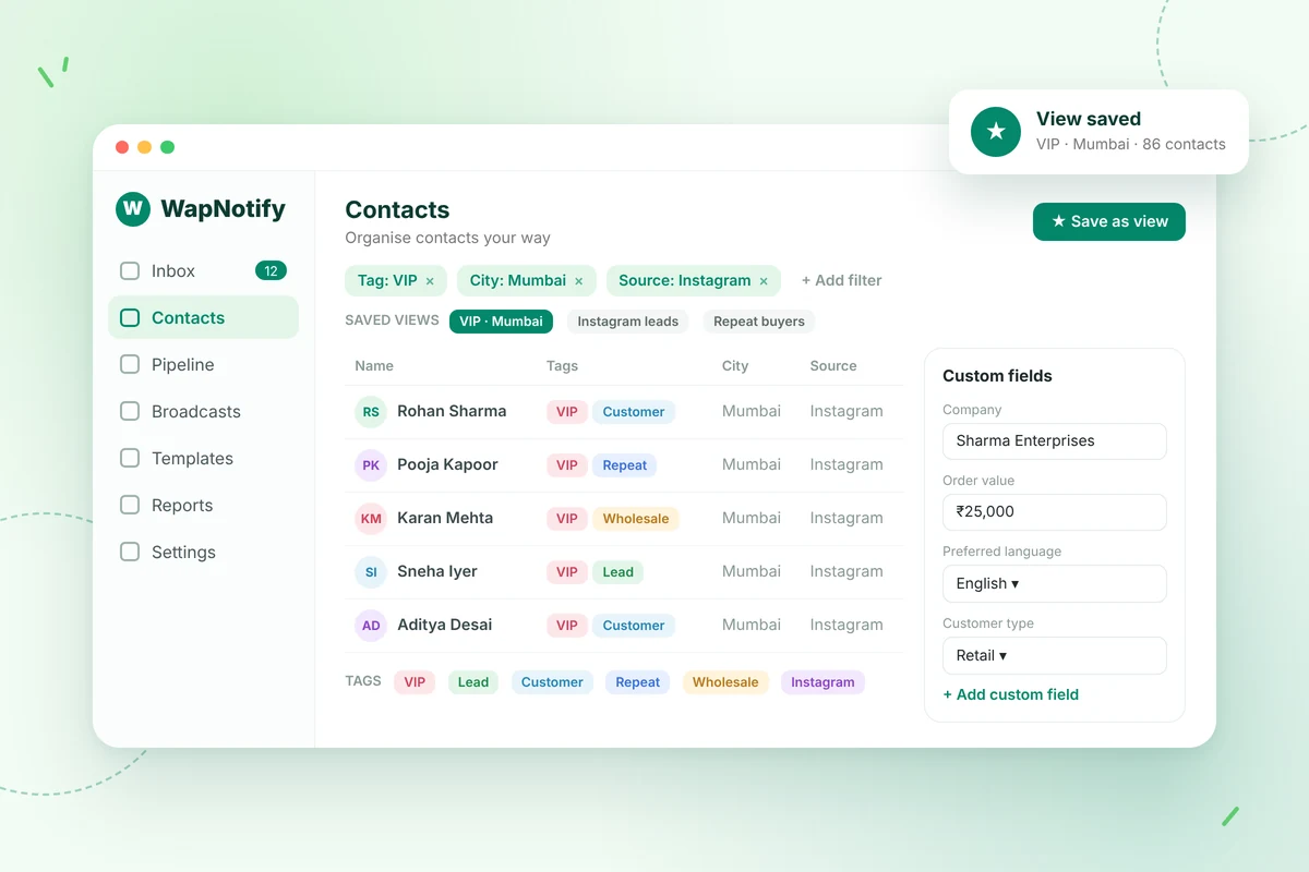 Colour-coded tags, smart filters and custom fields for WhatsApp contacts