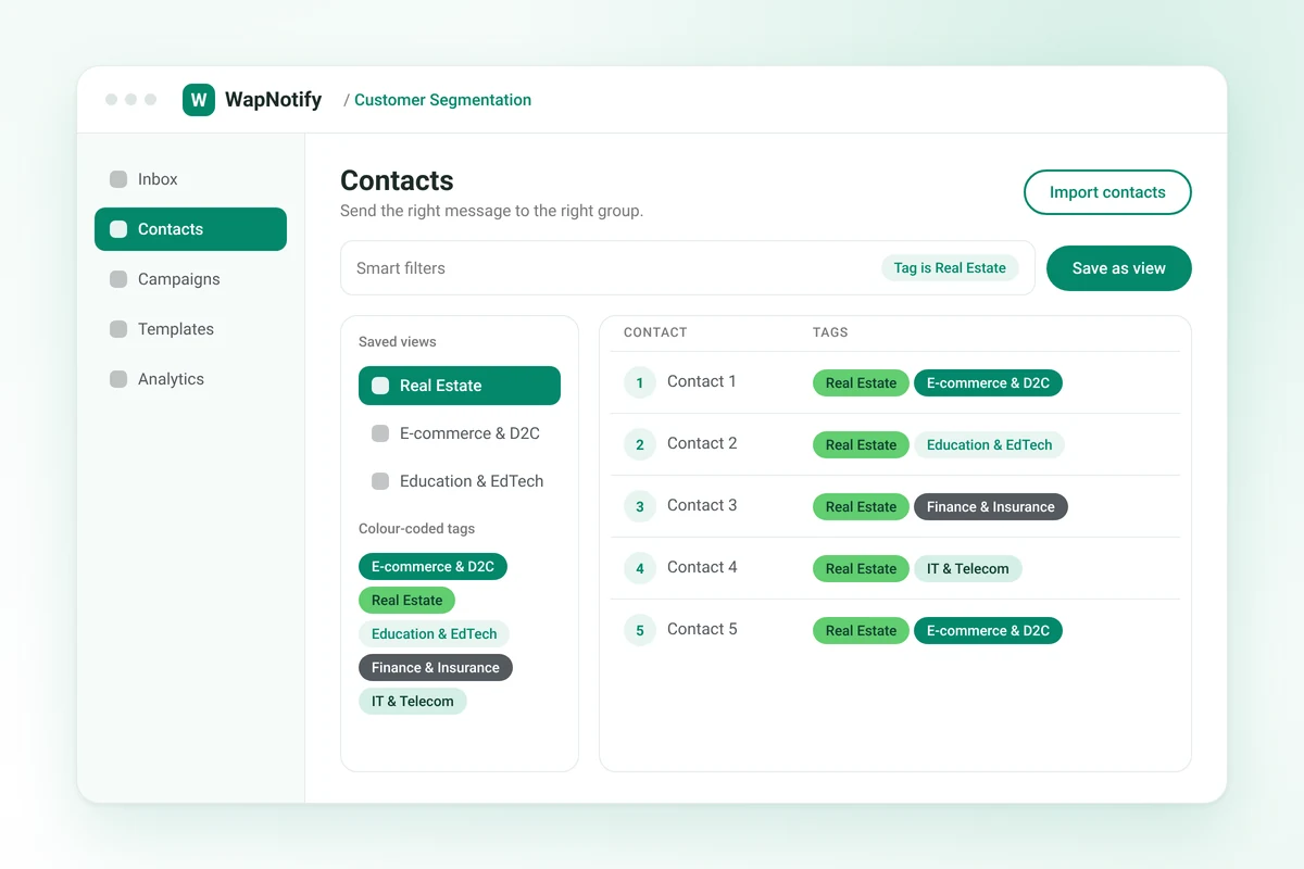 WhatsApp contact segmentation with colour-coded tags, smart filters and saved views in WapNotify