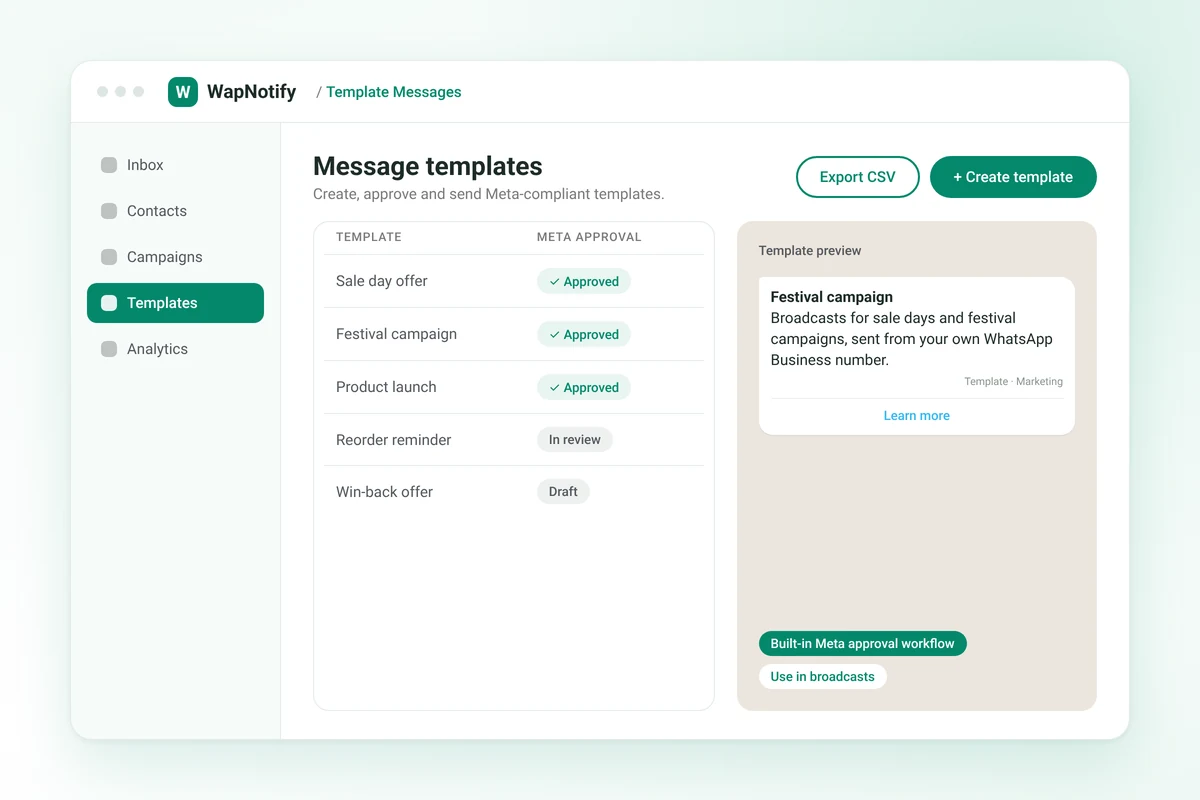 Creating and approving Meta-compliant WhatsApp template messages in WapNotify
